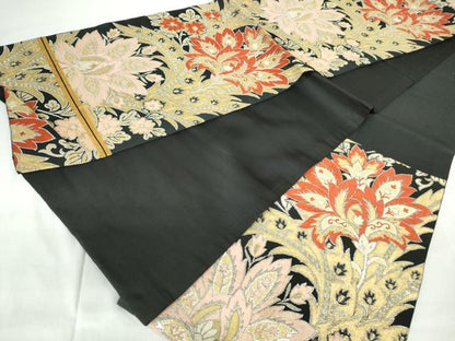 平和屋着物◎六通柄　京袋帯　唐織　更紗花文　黒地　金銀糸　正絹　逸品　DABE0926qa