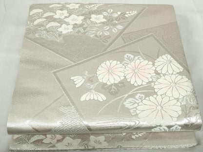 平和屋着物◎六通柄袋帯　唐織　重ね色紙花文　銀糸　正絹　逸品　DABE0927qa