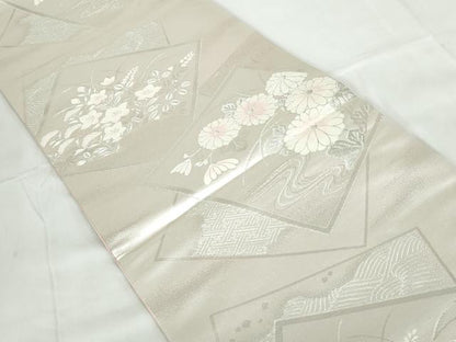 平和屋着物◎六通柄袋帯　唐織　重ね色紙花文　銀糸　正絹　逸品　DABE0927qa