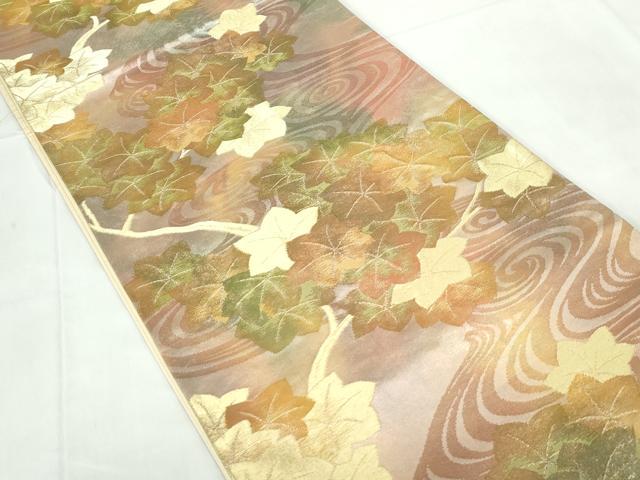 平和屋着物◎六通柄袋帯　流水楓文　金糸　正絹　逸品　DABE0928qa