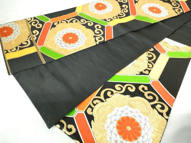 平和屋着物◎六通柄袋帯　唐織　亀甲正倉院花文　黒地　金銀糸　正絹　逸品　DABE0929qa