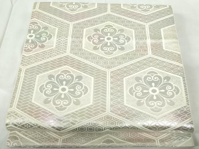 平和屋着物◎六通柄　本袋帯　亀甲花文　銀糸　正絹　逸品　DABE0931qa