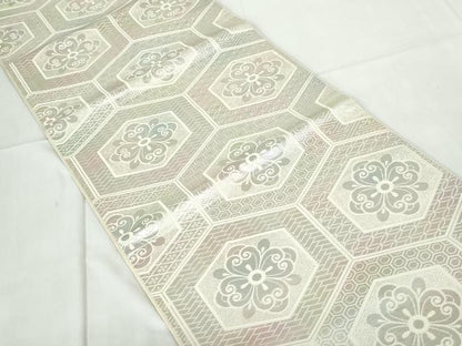 平和屋着物◎六通柄　本袋帯　亀甲花文　銀糸　正絹　逸品　DABE0931qa