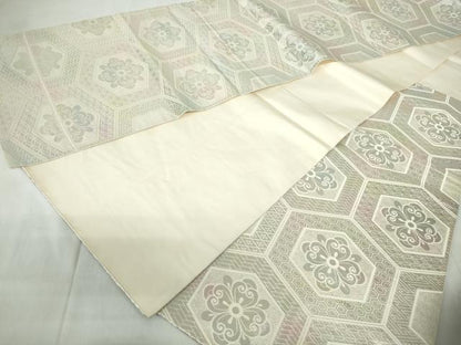 平和屋着物◎六通柄　本袋帯　亀甲花文　銀糸　正絹　逸品　DABE0931qa