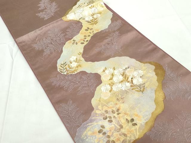 平和屋着物◎太鼓柄袋帯　駒刺繍　道長花文　金銀彩　引箔　正絹　逸品　DABE0932qa