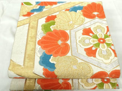 平和屋着物◎六通柄袋帯　唐織　亀甲正倉院花文　金銀糸　正絹　逸品　DABE0937qa