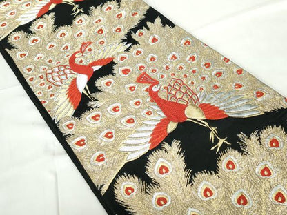 平和屋着物◎六通柄袋帯　唐織　孔雀文　黒地　金銀糸　正絹　逸品　DABE0951qa