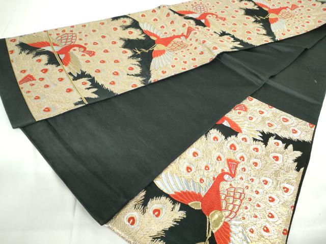 平和屋着物◎六通柄袋帯　唐織　孔雀文　黒地　金銀糸　正絹　逸品　DABE0951qa