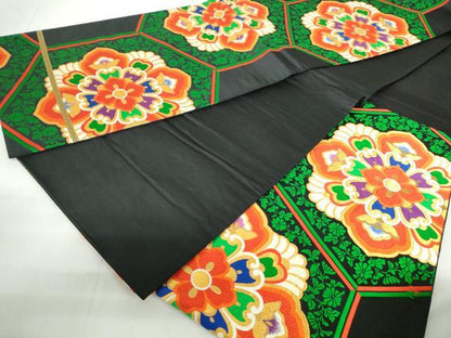 平和屋着物◎六通柄袋帯　唐織　亀甲正倉院花文　黒地　金糸　正絹　逸品　DABE0954qa