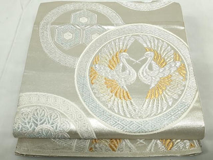 平和屋着物◎六通柄袋帯　向かい鶴花丸文　金銀糸　正絹　逸品　DABE0956qa