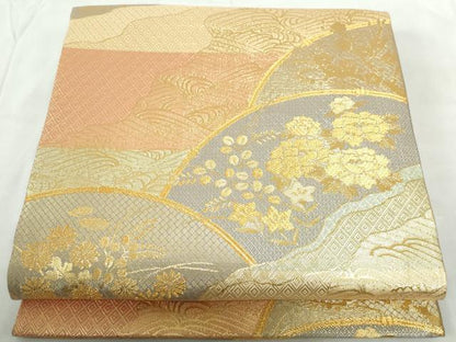 平和屋着物◎本綾佐賀錦　伝統工芸品産業功労者　岡野武一郎　六通柄袋帯　横段地紙花文　金糸　正絹　逸品　DABE0963qa