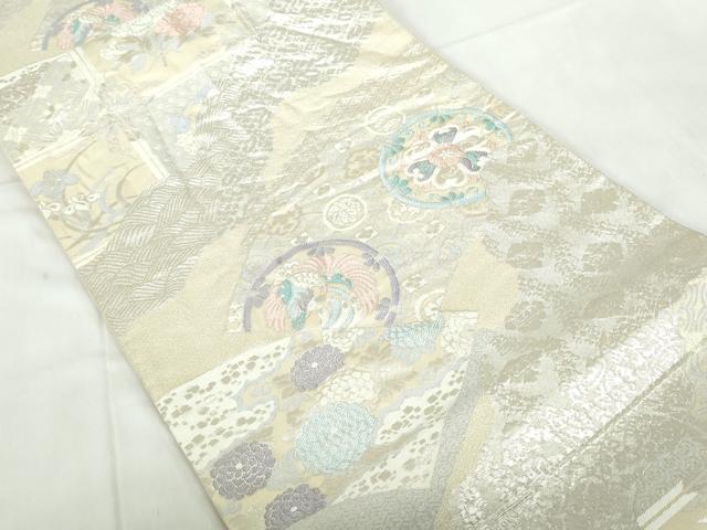 平和屋着物◎六通柄袋帯　唐織　天井花鳥丸文　銀糸　正絹　逸品　DABE0970qa