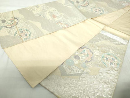 平和屋着物◎六通柄袋帯　唐織　天井花鳥丸文　銀糸　正絹　逸品　DABE0970qa