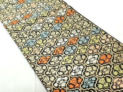 平和屋着物◎六通柄袋帯　唐織　幾何学花文　黒地　金糸　正絹　逸品　DABE0972qa