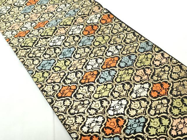 平和屋着物◎六通柄袋帯　唐織　幾何学花文　黒地　金糸　正絹　逸品　DABE0972qa