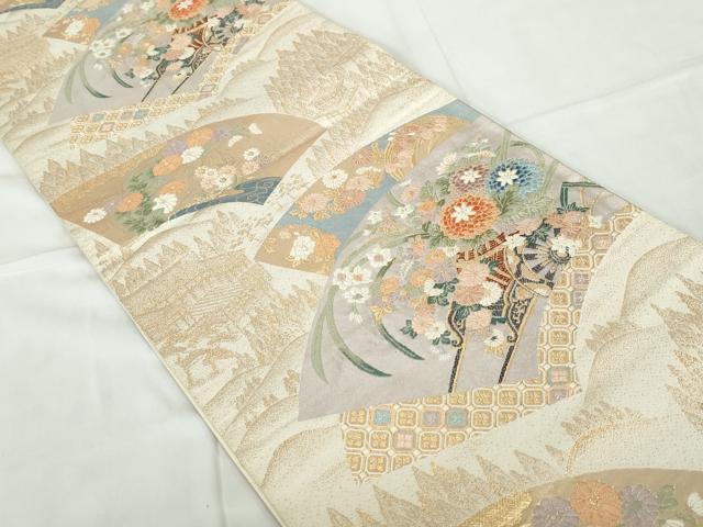 平和屋着物◎六通柄袋帯 唐織 扇面取花車文 金糸 正絹 逸品 DABE0980qa