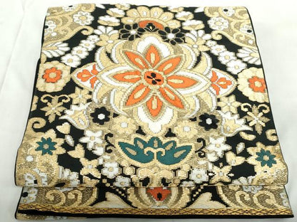 平和屋着物◎六通柄 本袋帯 唐織 正倉院花文 黒地 金糸 正絹 逸品 DABE0984qa