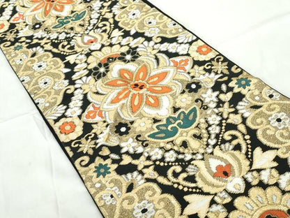 平和屋着物◎六通柄 本袋帯 唐織 正倉院花文 黒地 金糸 正絹 逸品 DABE0984qa