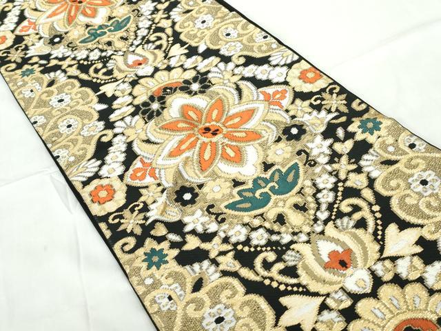 平和屋着物◎六通柄 本袋帯 唐織 正倉院花文 黒地 金糸 正絹 逸品 DABE0984qa