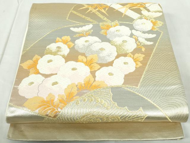 平和屋着物◎六通柄袋帯 唐織 流水地紙枝梅文 金糸 正絹 逸品 DABE0988qa