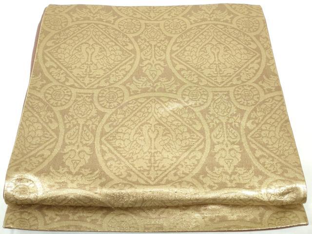 平和屋着物◎六通柄袋帯 向かい鳥花丸文 金糸 正絹 逸品 DABE0989qa
