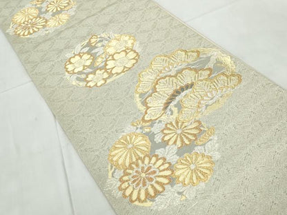平和屋着物◎六通柄袋帯 枝松花丸文 プラチナ三重箔 ラメ糸 正絹 逸品 DABE0990qa