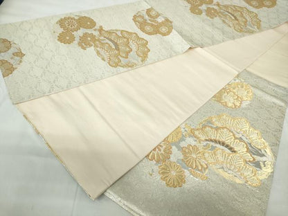 平和屋着物◎六通柄袋帯 枝松花丸文 プラチナ三重箔 ラメ糸 正絹 逸品 DABE0990qa