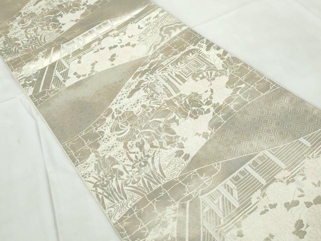 平和屋着物◎六通柄袋帯 人物風景文 銀糸 正絹 逸品 DABE0993qa