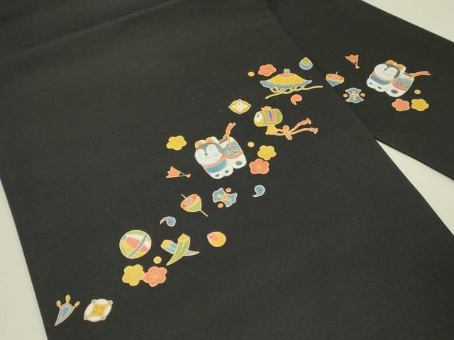 平和屋着物○九寸名古屋帯 宝尽くし玩具文 黒地 金彩 正絹 逸品 未