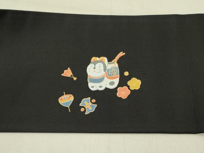 平和屋着物●九寸名古屋帯　宝尽くし玩具文　黒地　金彩　正絹　逸品　未使用　DABE1002op
