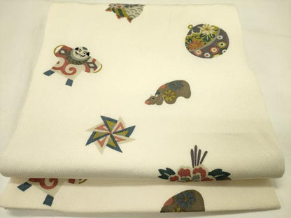 平和屋着物●九寸開き名古屋帯　型染　玩具文　鬼しぼ縮緬　正絹　逸品　DABE1003op