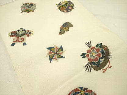 平和屋着物●九寸開き名古屋帯　型染　玩具文　鬼しぼ縮緬　正絹　逸品　DABE1003op