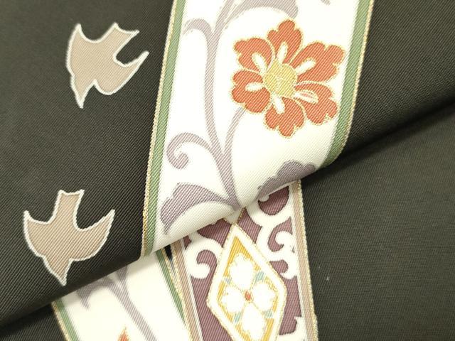 平和屋着物●塩瀬　九寸名古屋帯　更紗花唐草文　黒地　金彩　正絹　逸品　DABE1005op