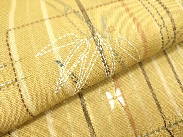 平和屋着物●太鼓柄袋帯　もじり織　刺し子　笹竹文　金糸　正絹　逸品　DABE1009op