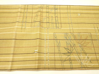 平和屋着物●太鼓柄袋帯　もじり織　刺し子　笹竹文　金糸　正絹　逸品　DABE1009op