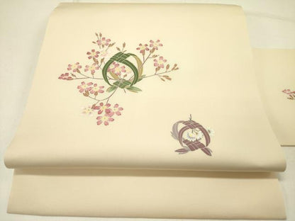 平和屋着物●塩瀬　九寸名古屋帯　友禅　作家物　草花　正絹　逸品　DABE1010op