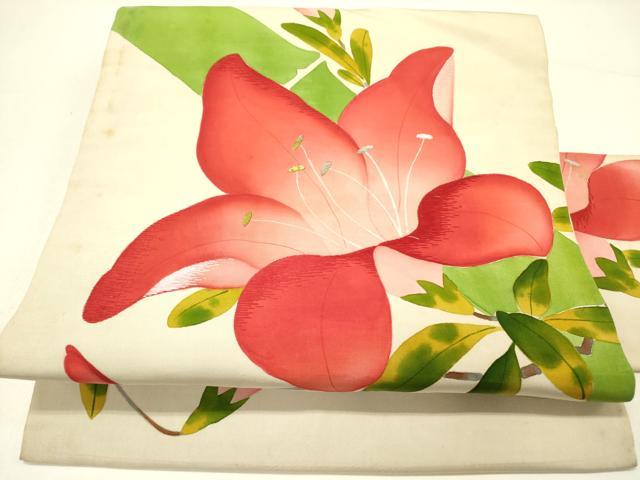平和屋着物●アンティーク　大正ロマン　塩瀬　九寸名古屋帯　刺繍　草花　金銀糸　正絹　逸品　DABE1013op