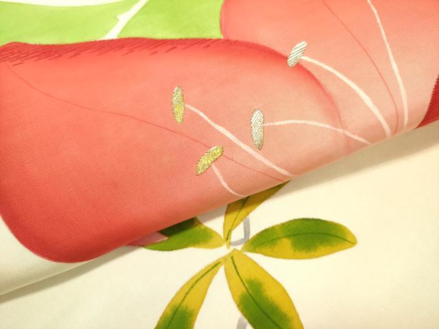 平和屋着物●アンティーク　大正ロマン　塩瀬　九寸名古屋帯　刺繍　草花　金銀糸　正絹　逸品　DABE1013op