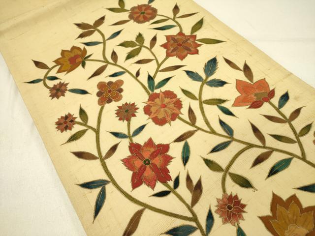 平和屋着物●太鼓柄袋帯　紬地　刺繍　更紗花文　金彩　正絹　逸品　DABE1019op