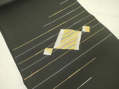 平和屋着物●八寸名古屋帯　すくい織　菱文　黒地　金銀糸　正絹　逸品　DABE1020op