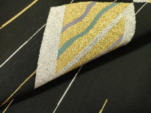 平和屋着物●八寸名古屋帯　すくい織　菱文　黒地　金銀糸　正絹　逸品　DABE1020op 平和屋着物○八寸名古屋帯 すくい織 菱文 黒地 金銀糸 正絹