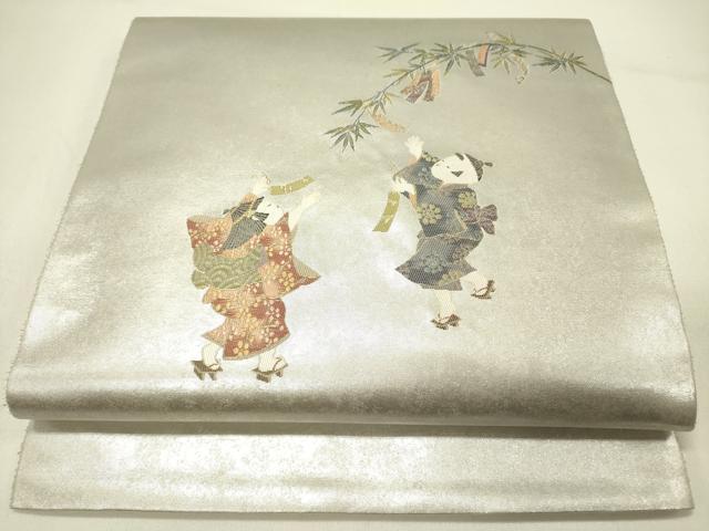 平和屋着物●太鼓柄袋帯　童子　文月七夕さん　プラチナ箔　正絹　逸品　未使用　DABE1022op
