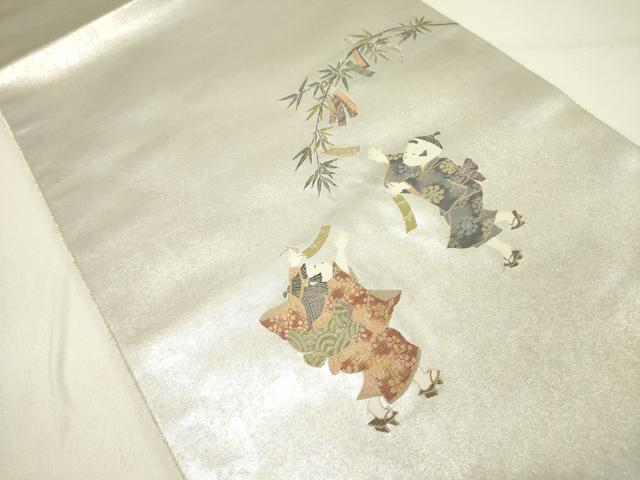 平和屋着物●太鼓柄袋帯　童子　文月七夕さん　プラチナ箔　正絹　逸品　未使用　DABE1022op