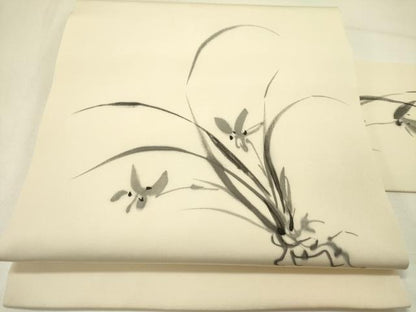 平和屋着物●塩瀬　九寸名古屋帯　手描き　草花　正絹　逸品　DABE1027op