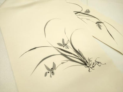 平和屋着物●塩瀬　九寸名古屋帯　手描き　草花　正絹　逸品　DABE1027op