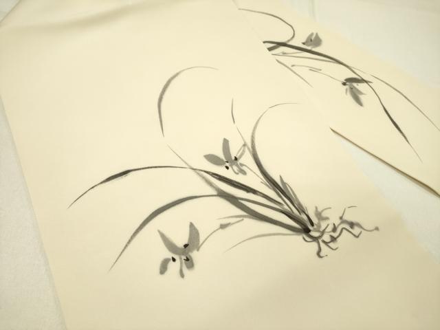 平和屋着物●塩瀬　九寸名古屋帯　手描き　草花　正絹　逸品　DABE1027op