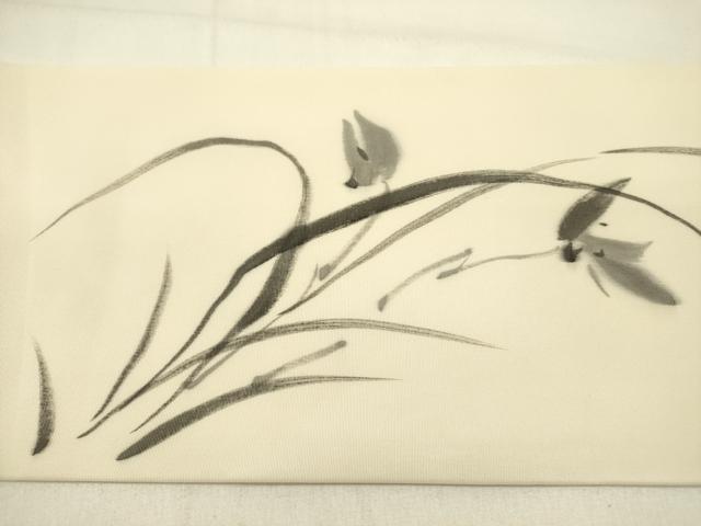 平和屋着物●塩瀬　九寸名古屋帯　手描き　草花　正絹　逸品　DABE1027op