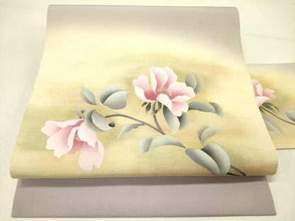 平和屋着物●塩瀬　九寸名古屋帯　手描き　草花　金彩　正絹　逸品　DABE1029op