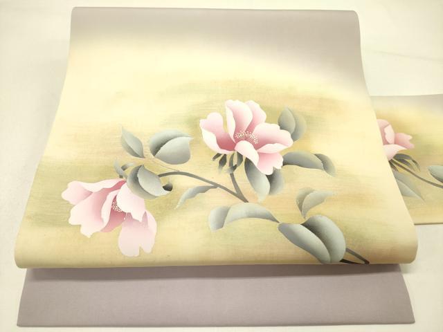 平和屋着物●塩瀬　九寸名古屋帯　手描き　草花　金彩　正絹　逸品　DABE1029op