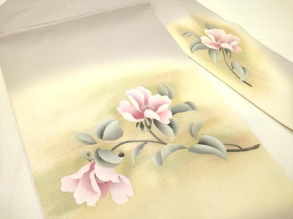 平和屋着物●塩瀬　九寸名古屋帯　手描き　草花　金彩　正絹　逸品　DABE1029op